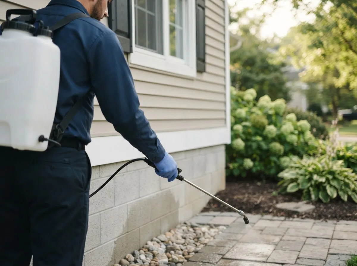 Pest control technician inspecting a home in Adams, WI